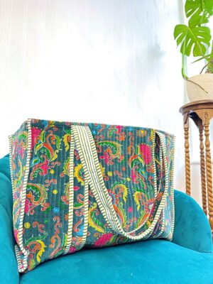 Quilted Velvet Cotton Reversible Oversize Tote Bag Beach Pouch Weekender Sustainable Sturdy Shopping Boho Summer Grey Multi Paisley Neon - Image 2
