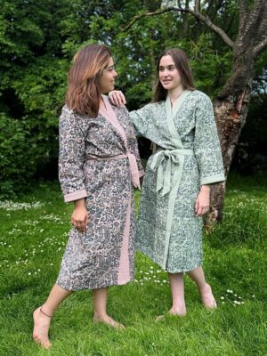 Pure Waffle Cotton Handprinted House Bath Dress Robe Summer Kimono | Floral Spa Beach Coverup | Spring Sage Green Paisley Navy Mughal Dream - Image 3
