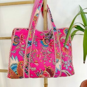 Quilted Cotton Handprinted Reversible Large Pink Bohemian Tote Bag | Eco friendly Sturdy Grocery Shopping | Handmade Artist Boho Carry All - Image 5