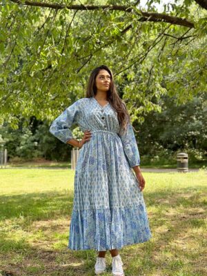 Pure Cotton Long Maxi Dress Indian Block Print Pastel Summer Earthy Elegant Mommy Comfy Daywear Beach Outfit Grey Aqua Blue Pink Hue - Image 3