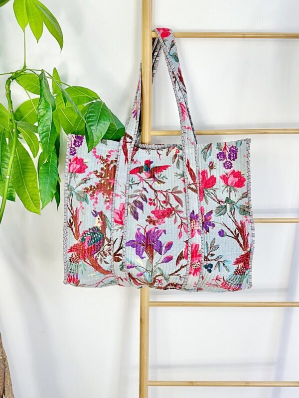 Quilted Velvet Cotton Maxi Oversize Tote Bag Beach Weekender Eco friendly Sustainable Sturdy Grocery Shop Boho Summer Pastel Grey Pink Birds