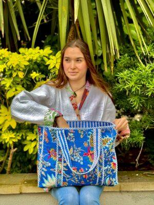 Quilted Cotton Handprinted Reversible Blue Tribal Boho Garden Tote Bag Eco friendly Sustainable Sturdy Grocery Shopping Handmade Artist Boho - Image 4