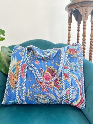 Quilted Cotton Handprinted Reversible Blue Tribal Boho Garden Tote Bag Eco friendly Sustainable Sturdy Grocery Shopping Handmade Artist Boho - Image 2