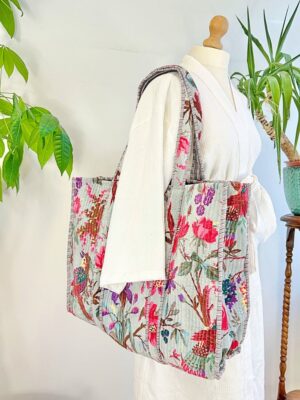 Quilted Velvet Cotton Maxi Oversize Tote Bag Beach Weekender Eco friendly Sustainable Sturdy Grocery Shop Boho Summer Pastel Grey Pink Birds - Image 2