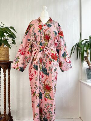 Pure Waffle Cotton Handprinted House Bath Dress Robe Summer Kimono | Floral Spa Beach Coverup | Spring Pink Crush Botanical Garden Blossom - Image 3