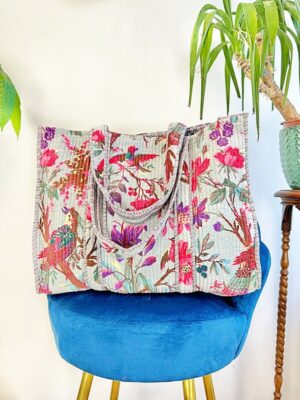 Quilted Velvet Cotton Maxi Oversize Tote Bag Beach Weekender Eco friendly Sustainable Sturdy Grocery Shop Boho Summer Pastel Grey Pink Birds - Image 3