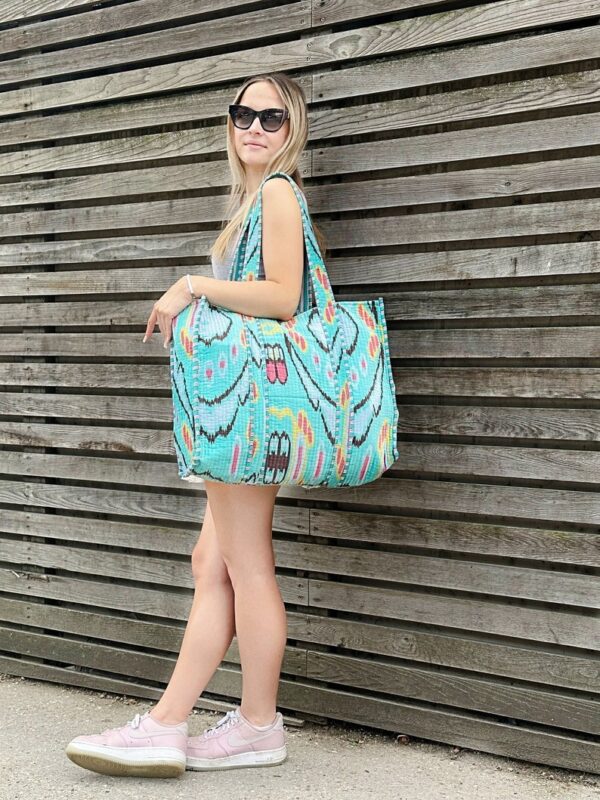 Quilted Velvet Cotton Reversible Oversize Tote Bag Beach Weekender Eco friendly Sturdy Grocery Shop Boho Summer Aqua Ocean Turquoise Ikat