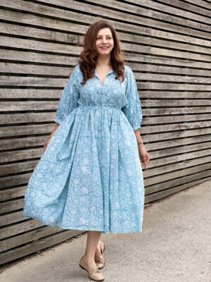 Pure Cotton Long Dress Indian Block Print Colourful Summer Earthy Elegant Comfy Daywear Beach Outfit Mustard Turmeric Blue White Floral - Image 2