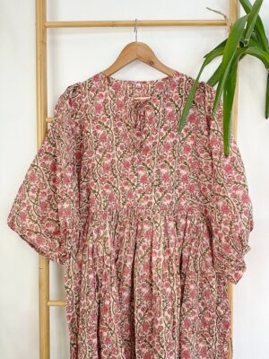 Pure Cotton Long Dress Indian Block Print Colourful Summer Earthy Elegant Comfy Daywear Beach Outfit Pastel Rose Peach Beige Pink Floral - Image 2