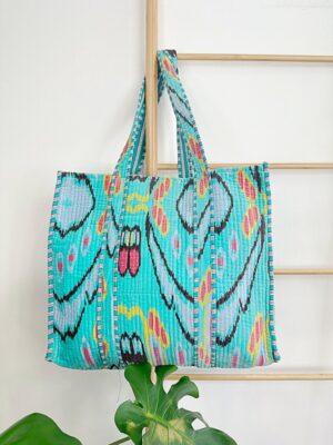 Quilted Velvet Cotton Reversible Oversize Tote Bag Beach Weekender Eco friendly Sturdy Grocery Shop Boho Summer Aqua Ocean Turquoise Ikat - Image 2