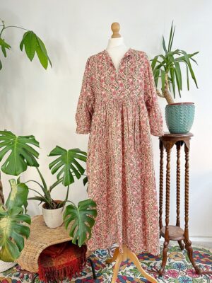 Pure Cotton Long Dress Indian Block Print Colourful Summer Earthy Elegant Comfy Daywear Beach Outfit Pastel Rose Peach Beige Pink Floral - Image 3