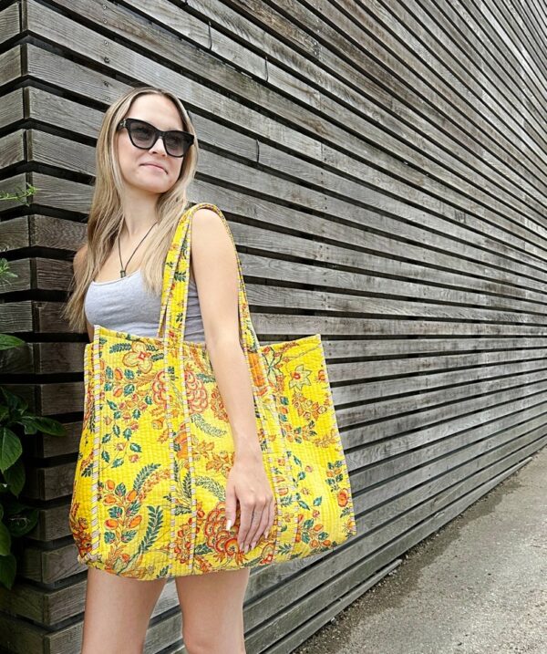Quilted Velvet Cotton Reversible Oversize Tote Bag Beach Weekender Eco friendly Sustainable Grocery Shop Boho Sunshine Bright Yellow Floral