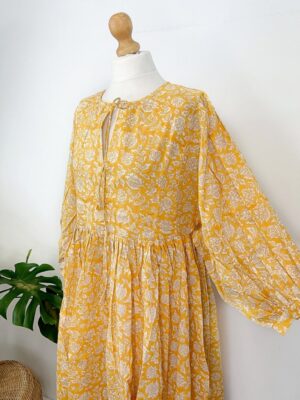 Pure Cotton Long Dress Indian Block Print Colourful Summer Earthy Elegant Comfy Daywear Beach Outfit Mustard Turmeric Yellow White Floral - Image 2