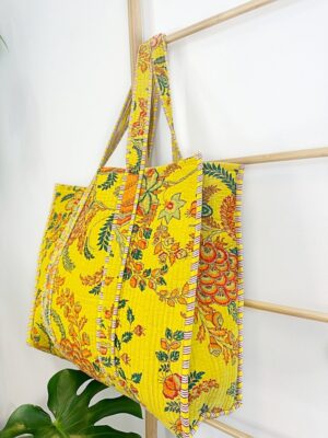Quilted Velvet Cotton Reversible Oversize Tote Bag Beach Weekender Eco friendly Sustainable Grocery Shop Boho Sunshine Bright Yellow Floral - Image 2