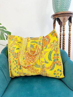 Quilted Velvet Cotton Reversible Oversize Tote Bag Beach Weekender Eco friendly Sustainable Grocery Shop Boho Sunshine Bright Yellow Floral - Image 3