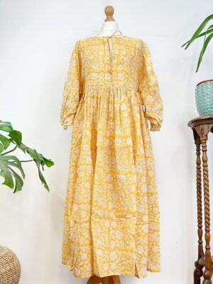 Pure Cotton Long Dress Indian Block Print Colourful Summer Earthy Elegant Comfy Daywear Beach Outfit Mustard Turmeric Yellow White Floral - Image 3