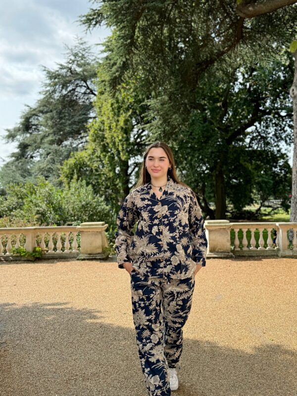 Colour Garden Hand Printed Indian Floral Pure Cotton Floral Pyjama Set | Spring Grey Blue Red Desire Flower Leaves Burst Art (Copy)