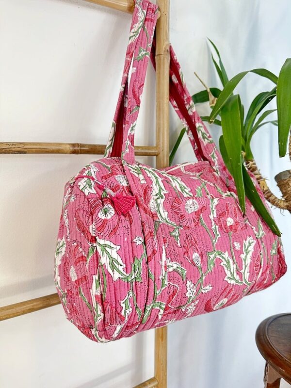 Quilted Duffle Tote Shoulder Pink Pansy Bag Cotton Handprint Summer Floral Eco friendly Sustainable Yoga Shopping Beach Artist Boho Bagpack