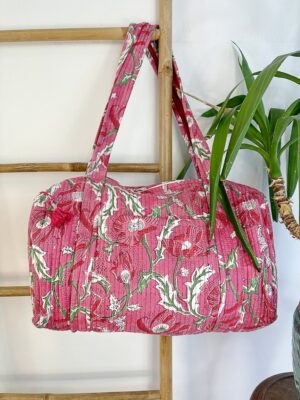 Quilted Duffle Tote Shoulder Pink Pansy Bag Cotton Handprint Summer Floral Eco friendly Sustainable Yoga Shopping Beach Artist Boho Bagpack - Image 2