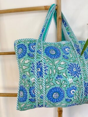 Quilted Cotton Handprinted Reversible Large Tote Bag Eco friendly Sturdy Grocery Shopping Handmade Artist Boho Carry All Aqua Blue White - Image 2