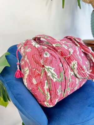 Quilted Duffle Tote Shoulder Pink Pansy Bag Cotton Handprint Summer Floral Eco friendly Sustainable Yoga Shopping Beach Artist Boho Bagpack - Image 3