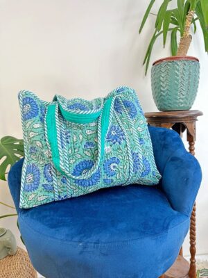 Quilted Cotton Handprinted Reversible Large Tote Bag Eco friendly Sturdy Grocery Shopping Handmade Artist Boho Carry All Aqua Blue White - Image 3