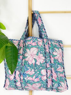 Quilted Cotton Handprint Reversible Large Tote Bag Eco friendly Grocery Shopping Handmade Artist Boho Carry All Aqua Pink Hibiscus Botanical - Image 2