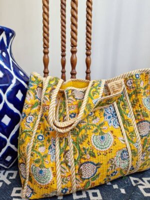 Quilted Cotton Handprinted Reversible Large Spring Yellow Tote Bag Eco friendly Sustainable Sturdy Grocery Shopping | Handmade Artist Boho - Image 2