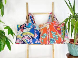 Quilted Cotton Handprint Reversible Large Tote Bag Eco friendly Handmade Sturdy Shopping Artist Boho | Orange Royal Blue Japanese Abstract - Image 2