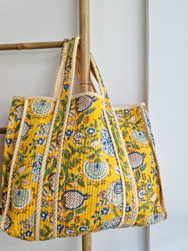 Quilted Cotton Handprinted Reversible Large Spring Yellow Tote Bag Eco friendly Sustainable Sturdy Grocery Shopping | Handmade Artist Boho
