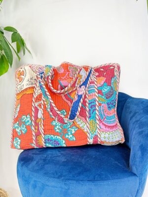 Quilted Cotton Handprint Reversible Large Tote Bag Eco friendly Handmade Sturdy Shopping Artist Boho | Orange Royal Blue Japanese Abstract - Image 3