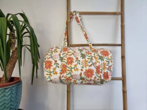 Quilted Duffle Tote Shoulder Bag Cotton White Orange Floral Eco friendly Sustainable Sturdy Yoga Shopping Beach Artist Boho Weekender - Image 2