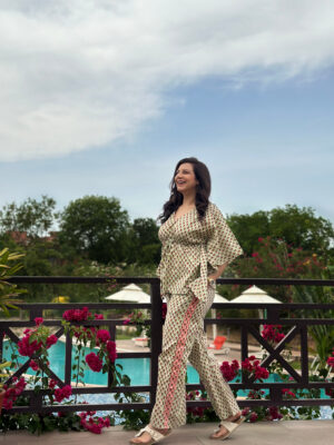 Colour Garden Hand Printed Indian Blockprint Pure Cotton Floral Pyjama Kaftan Set | Spring Beige Red Desire Leaves Burst Art - Image 2