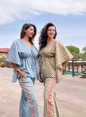 Colour Garden Hand Printed Indian Blockprint Pure Cotton Floral Pyjama Kaftan Set | Spring Beige Red Desire Leaves Burst Art - Image 3