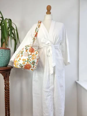 Quilted Duffle Tote Shoulder Bag Cotton White Orange Floral Eco friendly Sustainable Sturdy Yoga Shopping Beach Artist Boho Weekender - Image 4