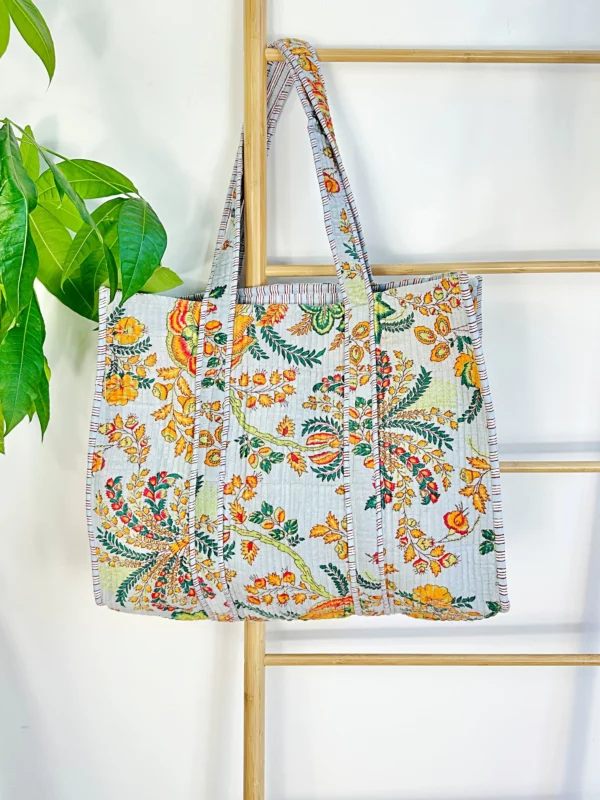 Quilted Velvet Cotton Reversible Oversize Tote Bag Beach Weekender Eco friendly Sustainable Grocery Shop Boho Sunshine Bright Grey Floral