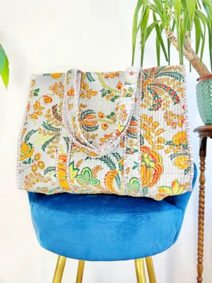 Quilted Velvet Cotton Reversible Oversize Tote Bag Beach Weekender Eco friendly Sustainable Grocery Shop Boho Sunshine Bright Grey Floral - Image 2