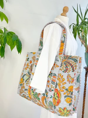 Quilted Velvet Cotton Reversible Oversize Tote Bag Beach Weekender Eco friendly Sustainable Grocery Shop Boho Sunshine Bright Grey Floral - Image 3