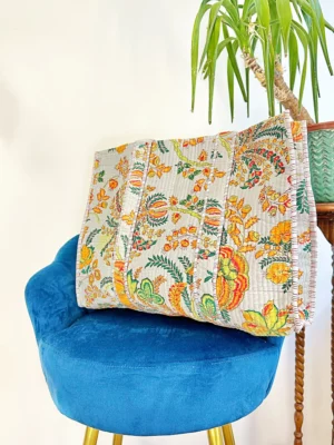 Quilted Velvet Cotton Reversible Oversize Tote Bag Beach Weekender Eco friendly Sustainable Grocery Shop Boho Sunshine Bright Grey Floral - Image 4