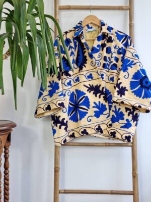 Suzani Hand Embroidered Unisex Bolero Short Jacket Spring Autumn Boho Crewel Special Love Gift | Classic Elegant Beige Blue | - Image 2