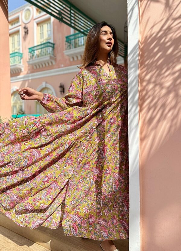 Pure Cotton Maxi Dress Indian Block Print Summer Earthy Nature Beach Goddess Comfy Daywear Boho Beach Outfit | Olive Green Pink Floral