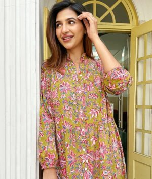 Pure Cotton Maxi Dress Indian Block Print Summer Earthy Nature Beach Goddess Comfy Daywear Boho Beach Outfit | Olive Green Pink Floral - Image 2