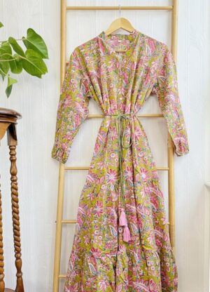 Pure Cotton Maxi Dress Indian Block Print Summer Earthy Nature Beach Goddess Comfy Daywear Boho Beach Outfit | Olive Green Pink Floral - Image 4