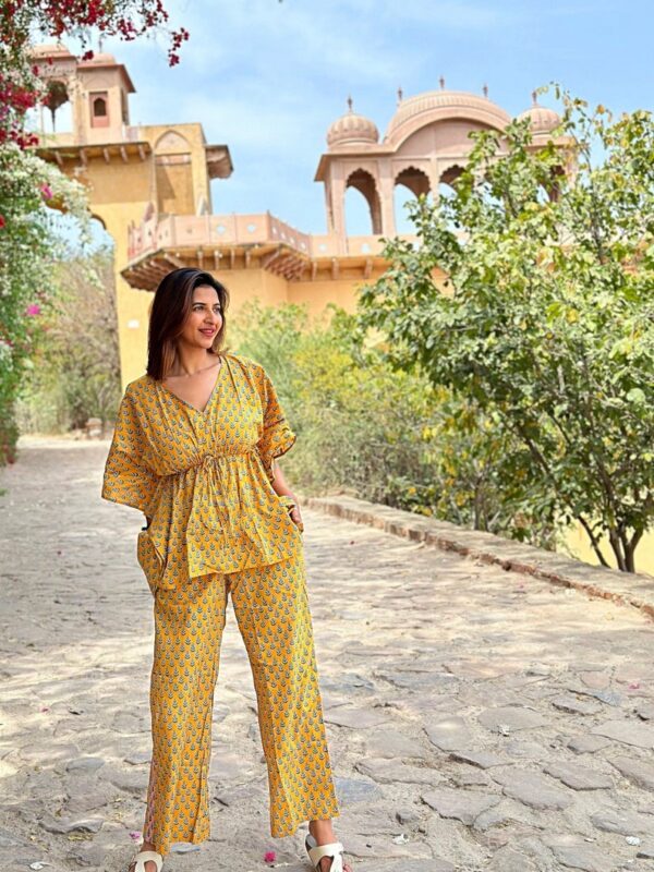 Luxury Hand-print Kaftan Pyjama Coord Set Indian Block-print Pure High Quality Cotton Floral Mughal Motif | Summer Yellow Blue Vibe Peach