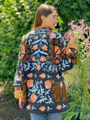 Suzani Hand Embroidered Short Jacket Coat | Winter Boho Luxury Love | Christmas Special Gift | Navy Peach Blue Sherpa Wool Warm - Image 2