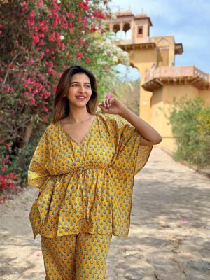 Luxury Hand-print Kaftan Pyjama Coord Set Indian Block-print Pure High Quality Cotton Floral Mughal Motif | Summer Yellow Blue Vibe Peach - Image 2