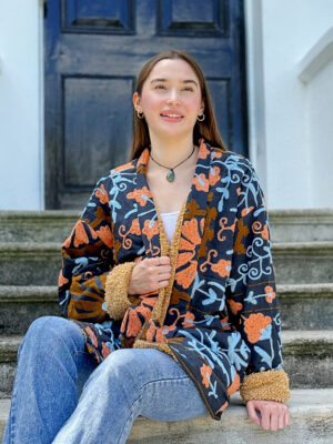 Suzani Hand Embroidered Short Jacket Coat | Winter Boho Luxury Love | Christmas Special Gift | Navy Peach Blue Sherpa Wool Warm - Image 3
