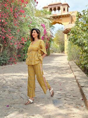 Luxury Hand-print Kaftan Pyjama Coord Set Indian Block-print Pure High Quality Cotton Floral Mughal Motif | Summer Yellow Blue Vibe Peach - Image 3