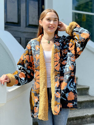 Suzani Hand Embroidered Short Jacket Coat | Winter Boho Luxury Love | Christmas Special Gift | Navy Peach Blue Sherpa Wool Warm - Image 4