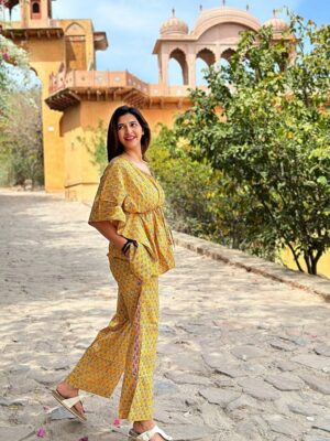Luxury Hand-print Kaftan Pyjama Coord Set Indian Block-print Pure High Quality Cotton Floral Mughal Motif | Summer Yellow Blue Vibe Peach - Image 4